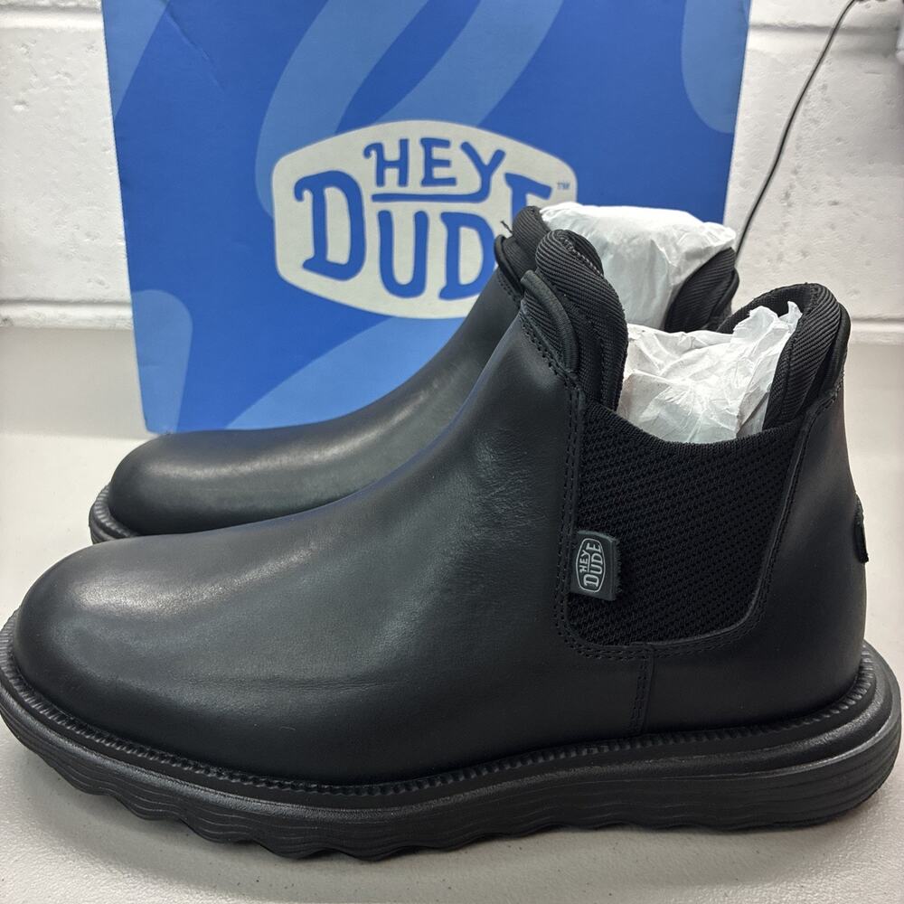 HEYDUDE Women's Chelsea Ankle Boots Leather Water Resistant Slip-On Black Size 8